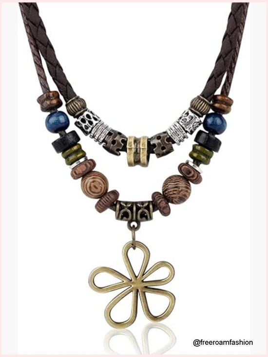 Jewelry - Double Layer Wood Bead Necklace with Hollow Flower Pendant, Adjustable Boho